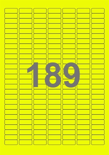 A4-etiketter, 189 stansade etiketter/ark, 25,4 x 10,0 mm, gul neon, 100 ark